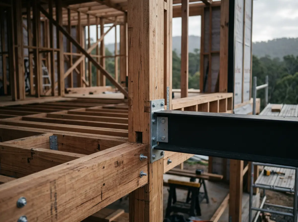 Timber framing and steel beam junction on a residential build